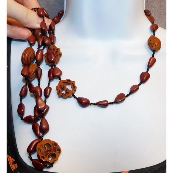 Rustic Nature Inspired Peach Pit Stone And Glass Beaded Necklace - Picture 5 of 6